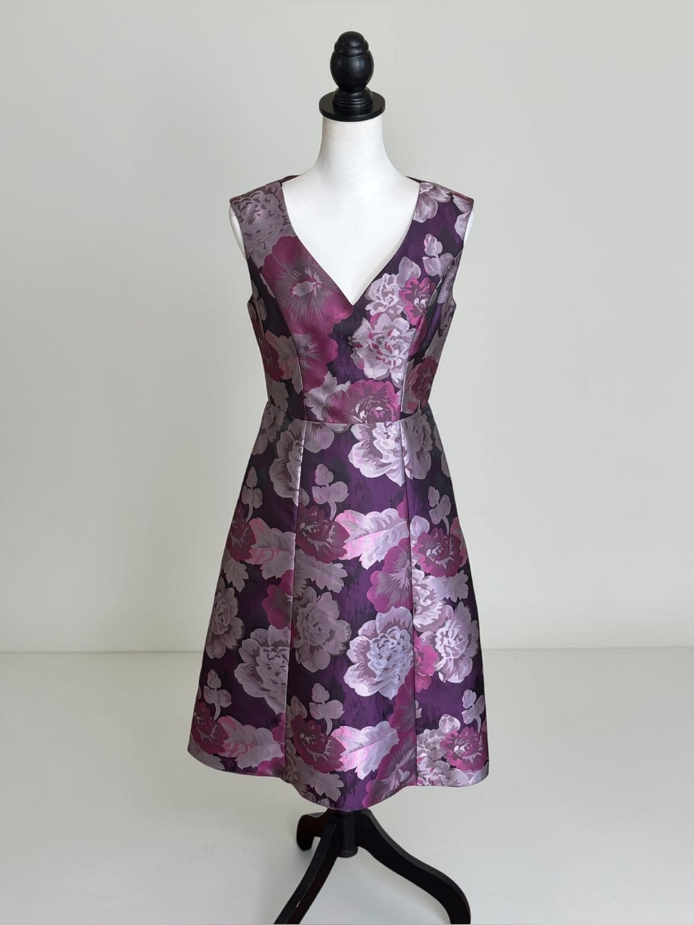 Adrianna Papell Metallic Floral Jacquard A-Line Cockail Dress Purple Pink 4